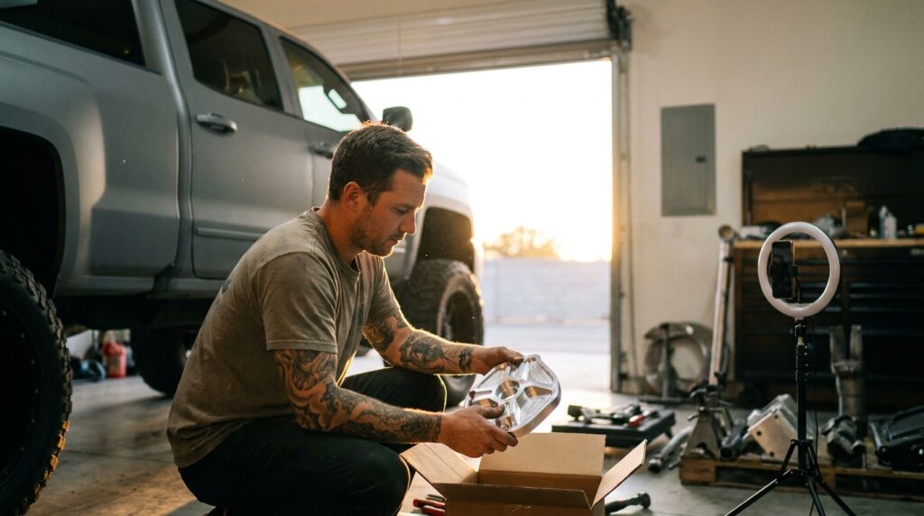 Shop owner inspecting a performance part beside a lifted truck, illustrating aftermarket parts marketing in action