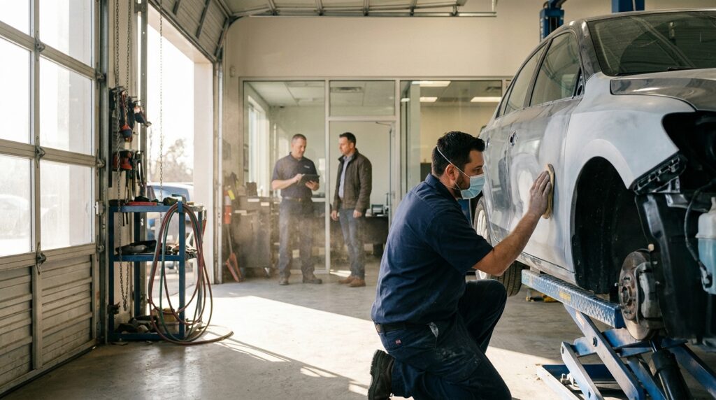 Auto body shop marketing in action as a technician repairs a fender and an advisor greets a customer in a busy collision repair bay