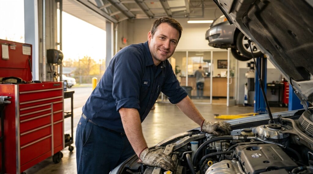 Friendly auto mechanic at open car hood inside a local auto repair shop demonstrating auto repair marketing appeal