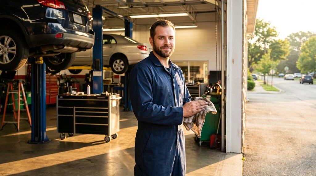 Auto repair shop mechanic standing in open bay door for local auto repair marketing