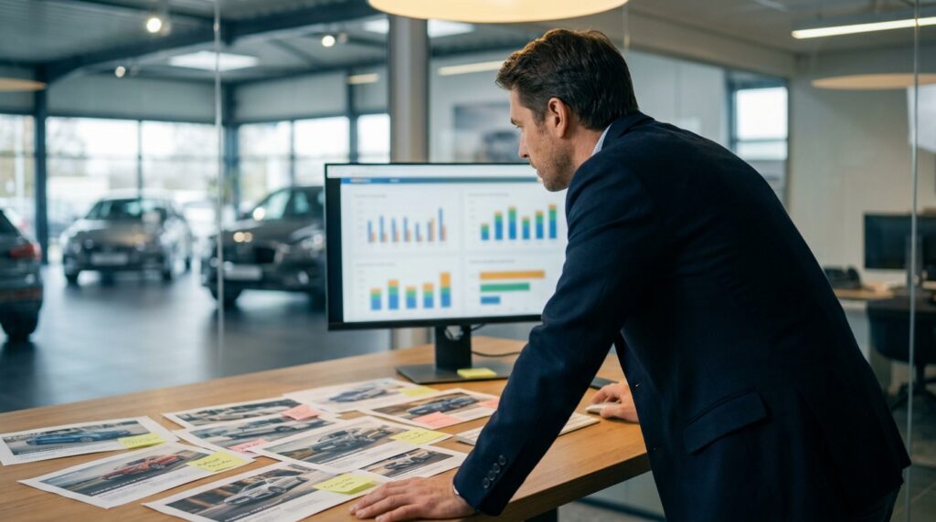 Automotive marketer analyzing ad creative testing results at a dealership office desk