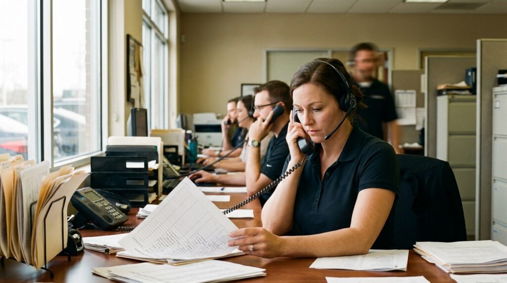 Dealership BDC advisor on a headset booking an appointment, illustrating automotive call tracking in action