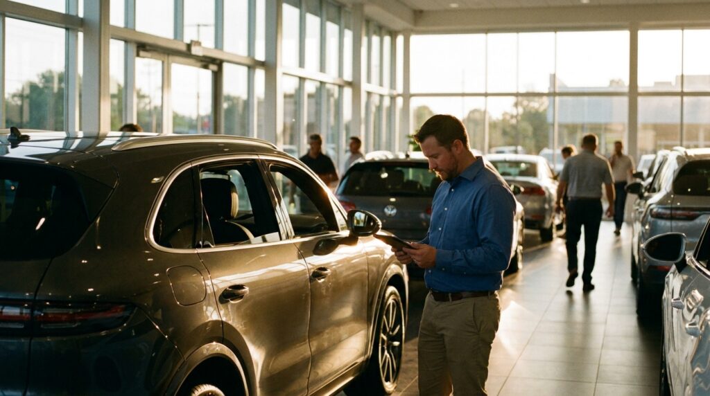 Dealership manager reviewing automotive cost per lead data on a tablet beside an SUV in a sunlit showroom