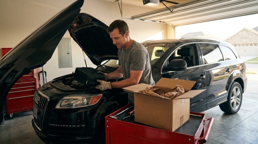 Car owner comparing aftermarket part to engine bay in automotive ecommerce purchase