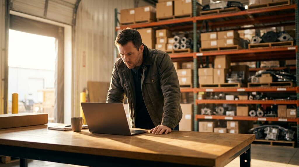 Automotive ecommerce store owner reviewing growth strategy in a parts warehouse