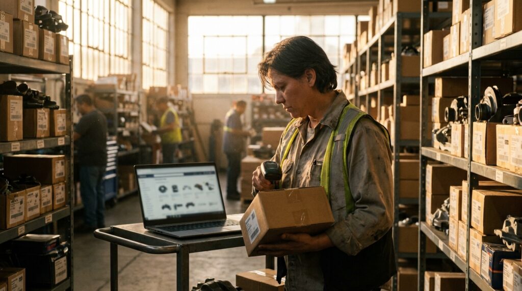 Automotive ecommerce warehouse manager scanning auto parts inventory beside a laptop product catalog at golden hour
