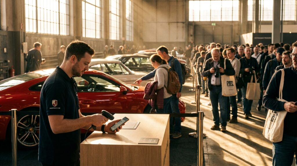 Automotive event marketing in action as guests register and browse cars at a busy car expo