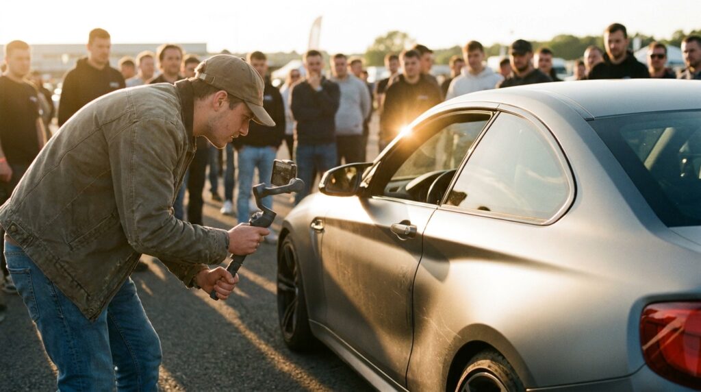 Automotive influencer marketing in action: a creator films a car walkaround at a paddock event