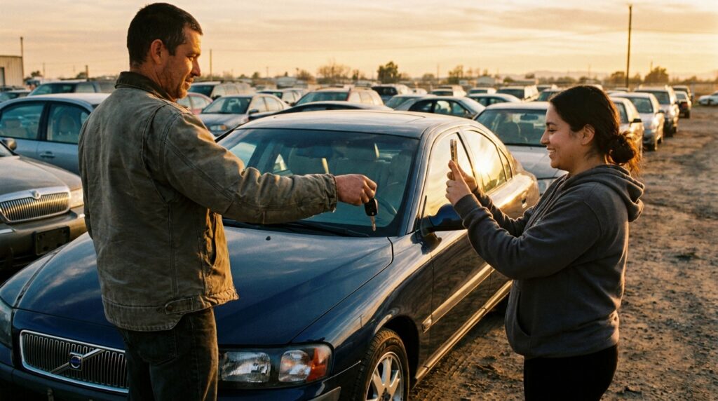 Buyer and seller meeting in a used-car lot, illustrating automotive marketplace supply and demand