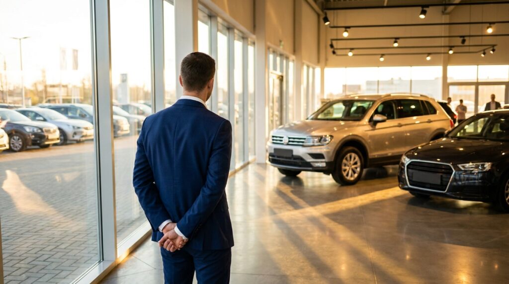 Car dealership sales manager on showroom floor illustrating automotive PPC strategy