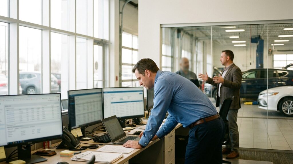 Auto-tech team reviewing pipeline dashboards in a dealership office, illustrating automotive saas marketing in action