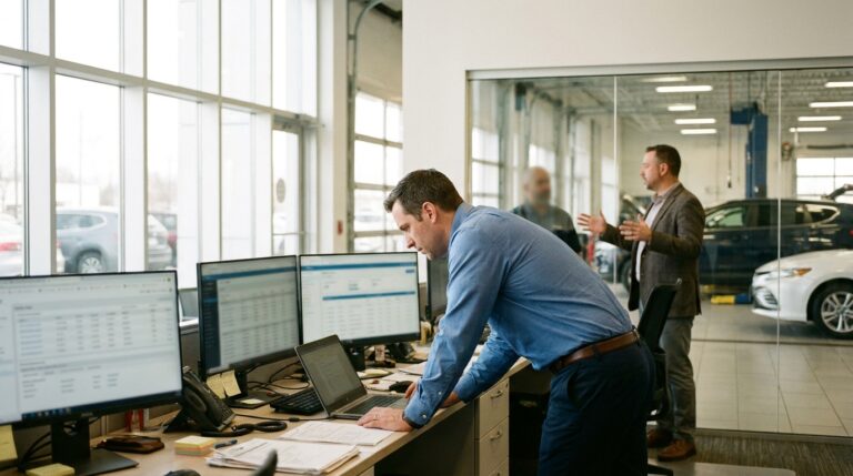 A man in a blue shirt works at a desk with multiple computer monitors; another man talks in the background near a car in a glass-walled office.