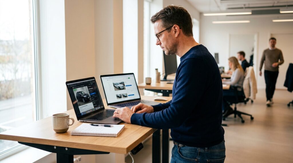 Automotive SEO strategist reviewing marketplace vehicle listings on two laptops in a bright office