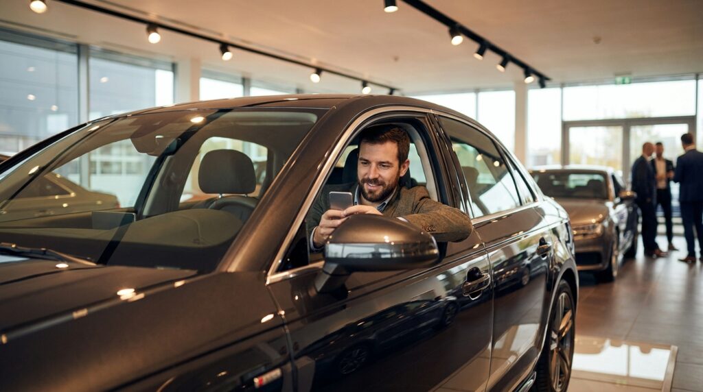 Car buyer on smartphone inside dealership showroom researching automotive SEO results