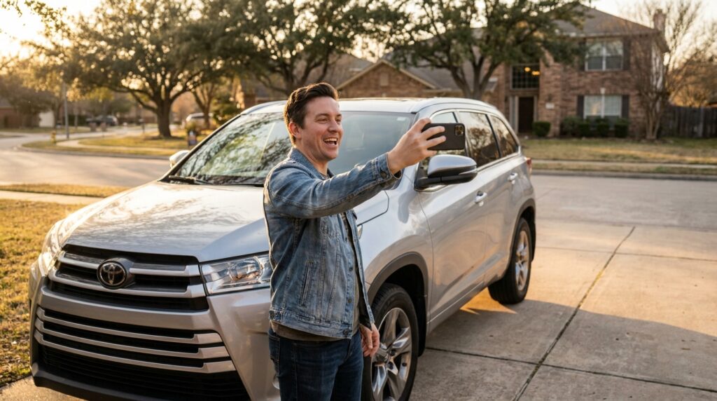 Car owner filming automotive video ads UGC review beside silver SUV in driveway