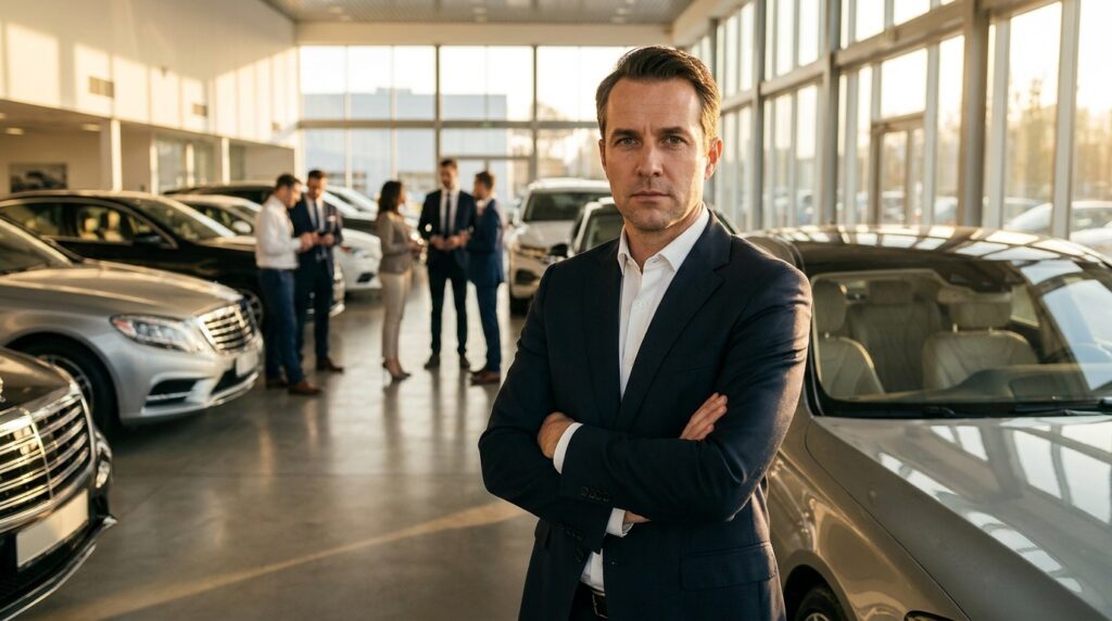 Sales manager in car dealership showroom highlighting car dealership Facebook ads strategy