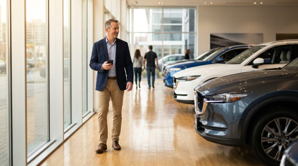 Dealership marketing manager reviewing car dealership Google Ads performance on a phone in a sunlit showroom