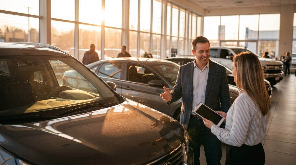 Dealership GM and sales associate reviewing showroom inventory, illustrating car dealership marketing focused on lowering CAC