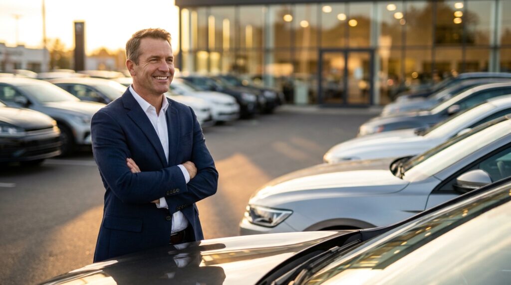 Sales manager surveying a polished car dealership lot at golden hour