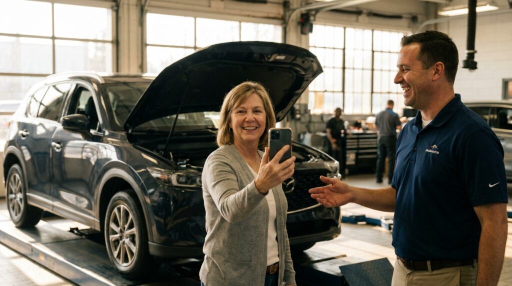 Service advisor watching a customer leave car dealership reviews on a phone in the service lane