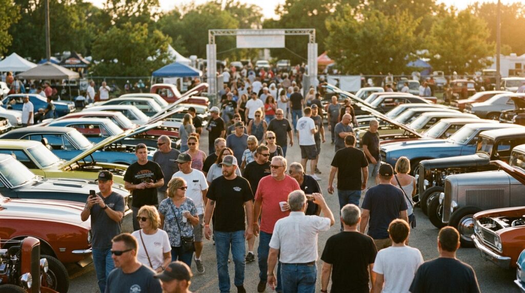 Crowd at a sunset car show walking past polished show cars, illustrating car show marketing that fills the gate