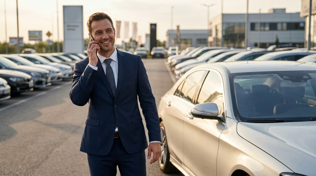 Car dealership salesman on a qualified phone call beside a new vehicle on the lot