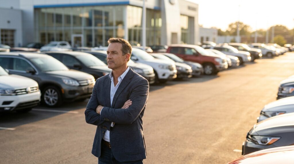 Dealership SEO strategy represented by a confident manager standing on a thriving car lot