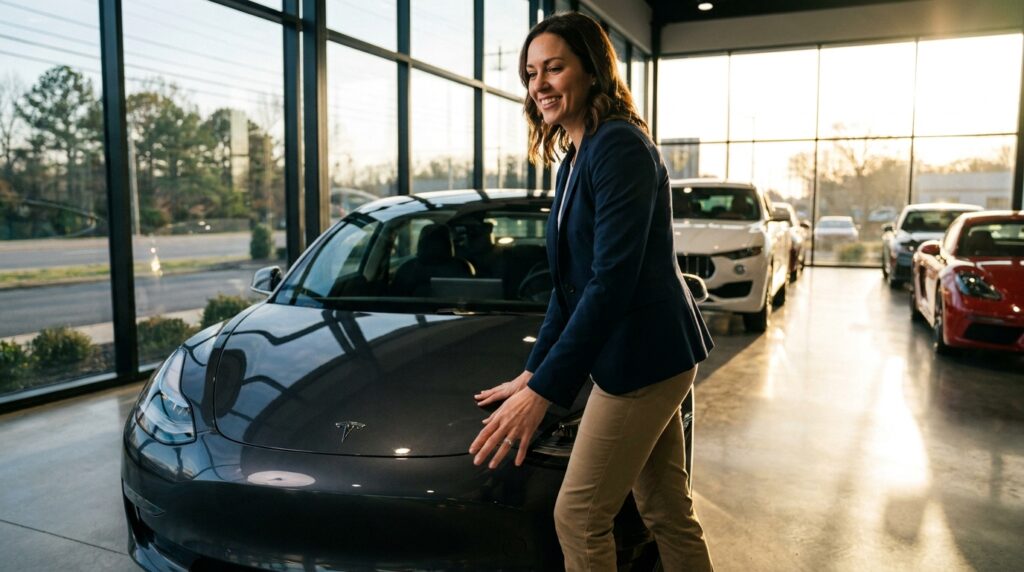 Automotive dealership professional beside a new car representing generative engine optimization