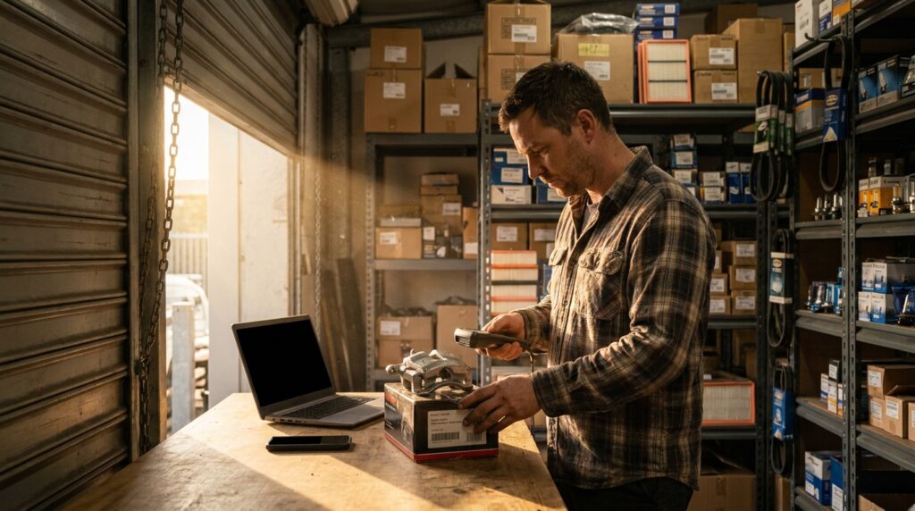Auto parts store owner packing an order, showing how to sell auto parts online from a warehouse