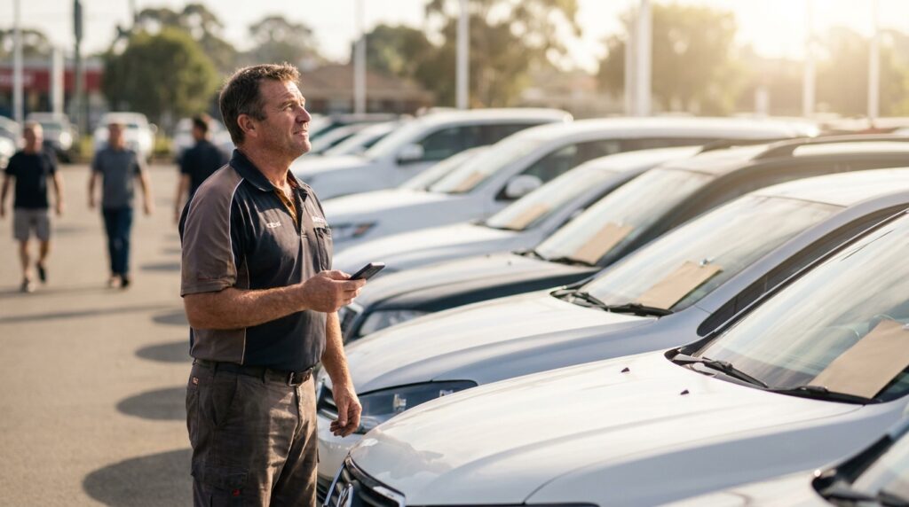 Service advisor checking local SEO for car dealerships on a phone in a sunlit dealership lot