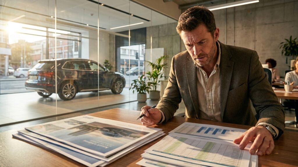 Marketer reviewing automotive performance creative ad layouts to drive conversions