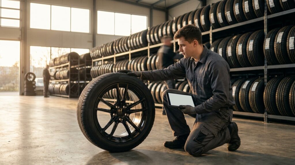 Mechanic inspecting an alloy wheel and tire in a warehouse, illustrating how to sell tires online