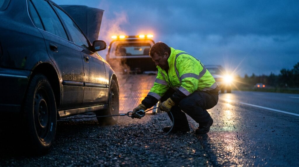 Tow truck operator hooking up a stalled car at dusk, illustrating towing company marketing for high-intent local search