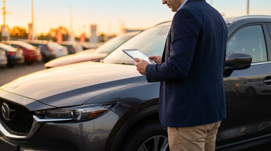 Dealer browsing vehicle listing ads inventory on tablet beside new SUV on dealership lot