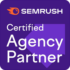 SEMrush Certified Agency Partner badge with orange SEMrush logo and white text on a purple background.