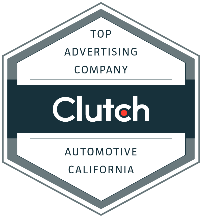 Hexagonal badge with the text: “Top Advertising Company, Clutch, Automotive, California” in black and grey.
