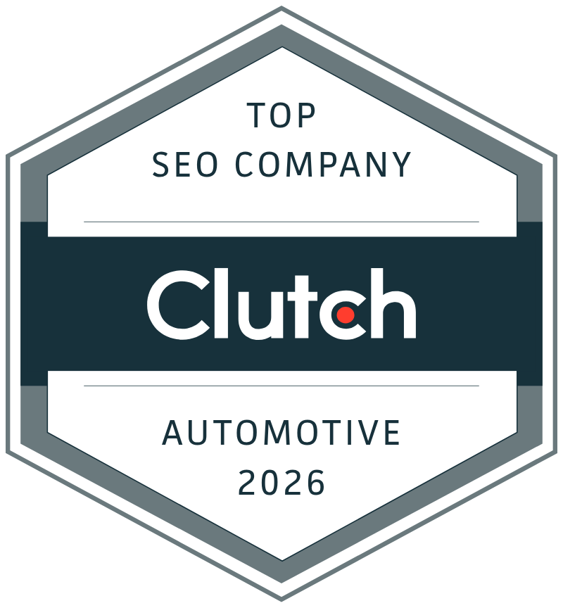 Hexagonal badge with “Top SEO Company Clutch Automotive 2026” in black and gray text on a white background.