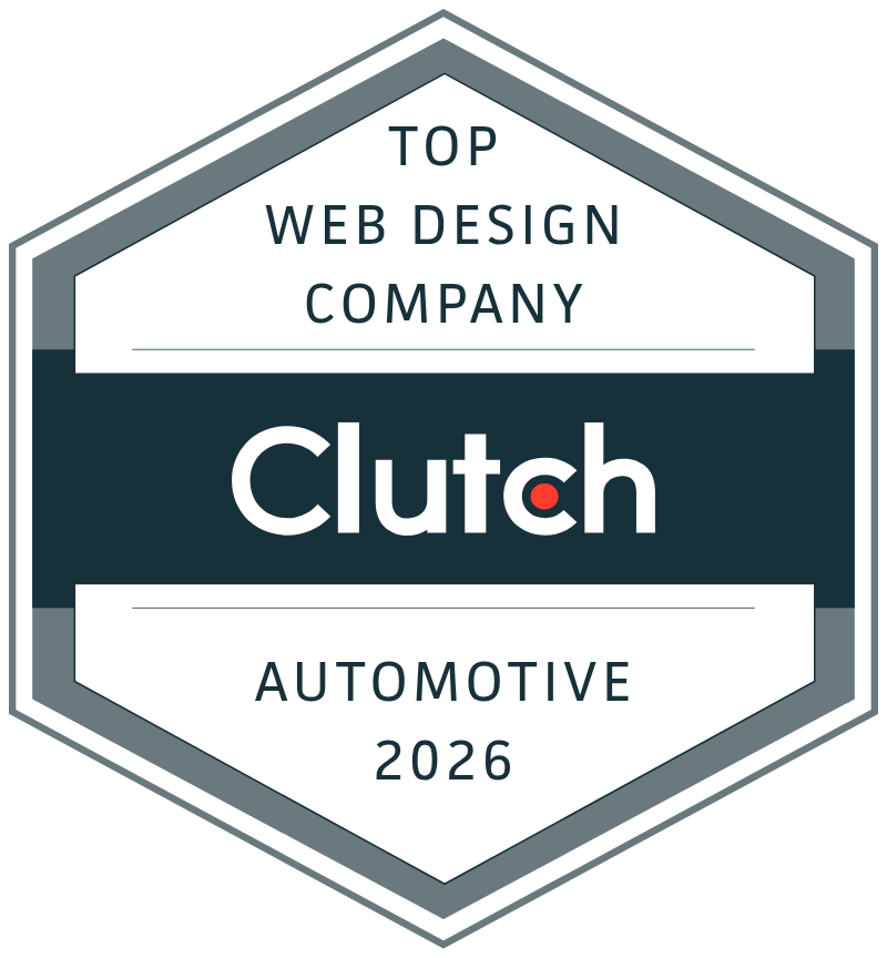 Hexagonal badge reads: “Top Web Design Company Clutch Automotive 2026” with a dark horizontal band displaying the Clutch logo in the center.
