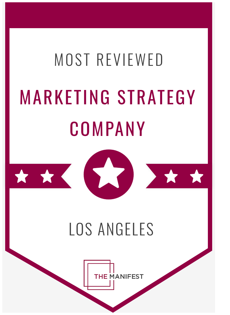 Award badge with text: Most Reviewed Marketing Strategy Company, Los Angeles, The Manifest. Burgundy and white design with stars and a central star icon.