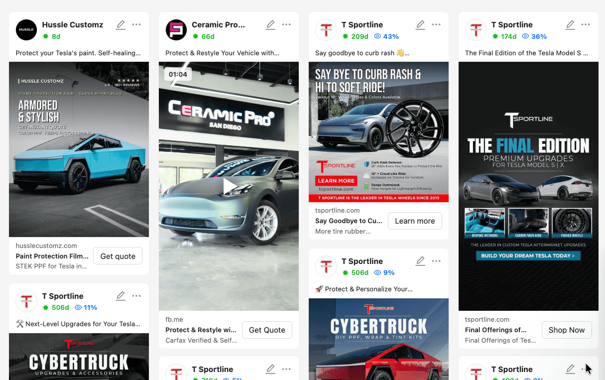 Four online ads for Tesla paint protection, car upgrades, and Tesla Model S news, featuring images of Tesla vehicles including Cybertruck and Model Y, with various promotional text and graphics.