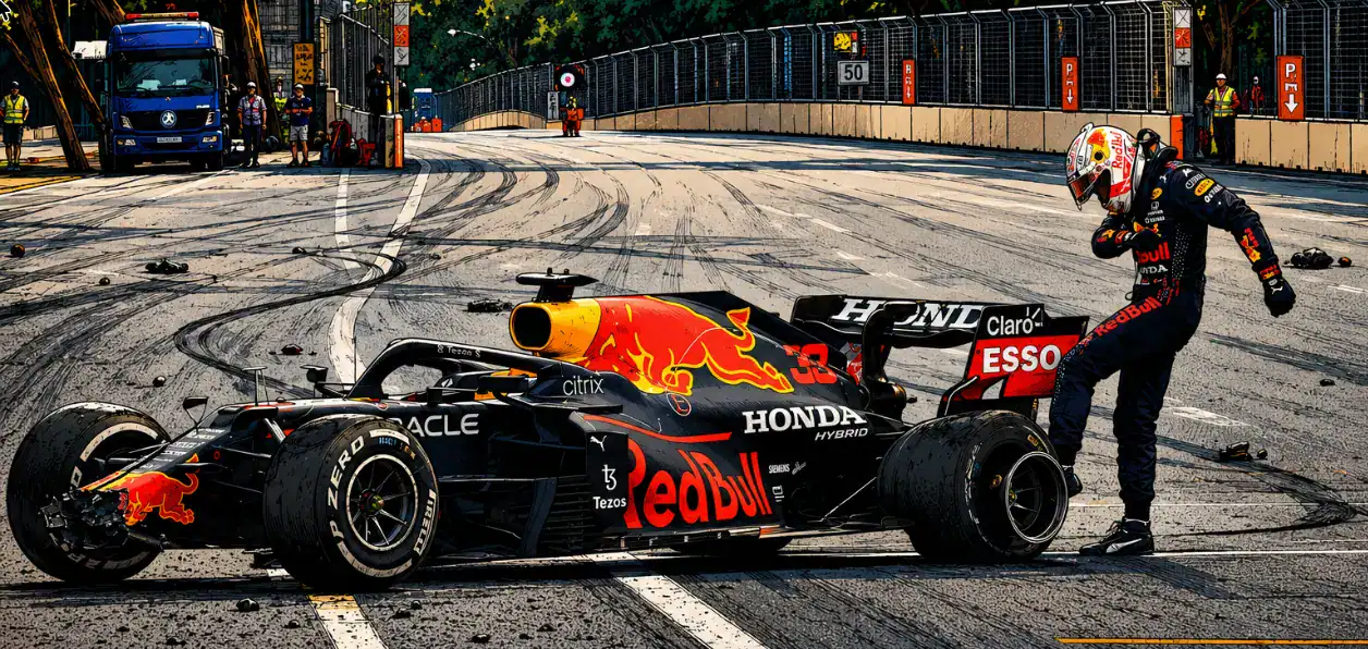 A Red Bull Formula 1 car sits damaged on a racetrack as a driver in racing gear walks away from the vehicle, capturing a dramatic moment that speaks volumes about the dedication and resilience found in our About Us story.