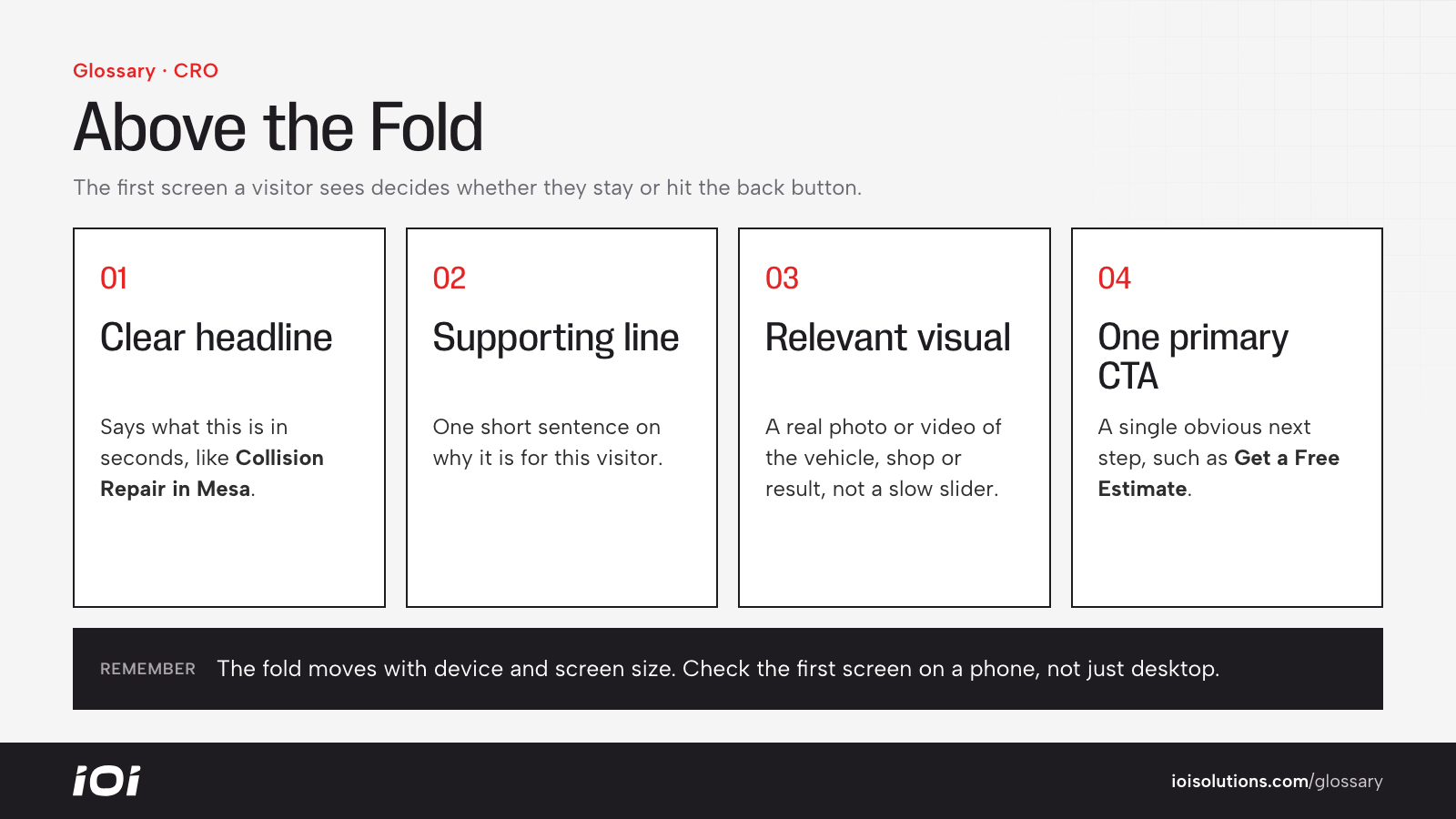 Above the fold essentials: clear headline, supporting line, relevant image and one primary call to action.