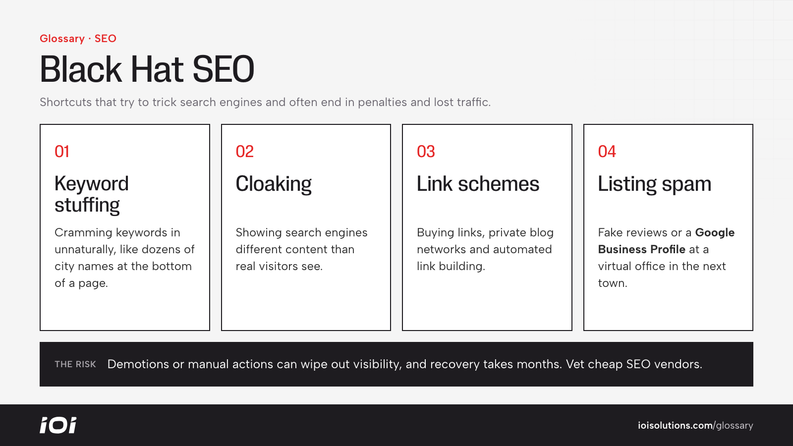 Common black hat SEO tactics: keyword stuffing, cloaking, link schemes and fake local listings.
